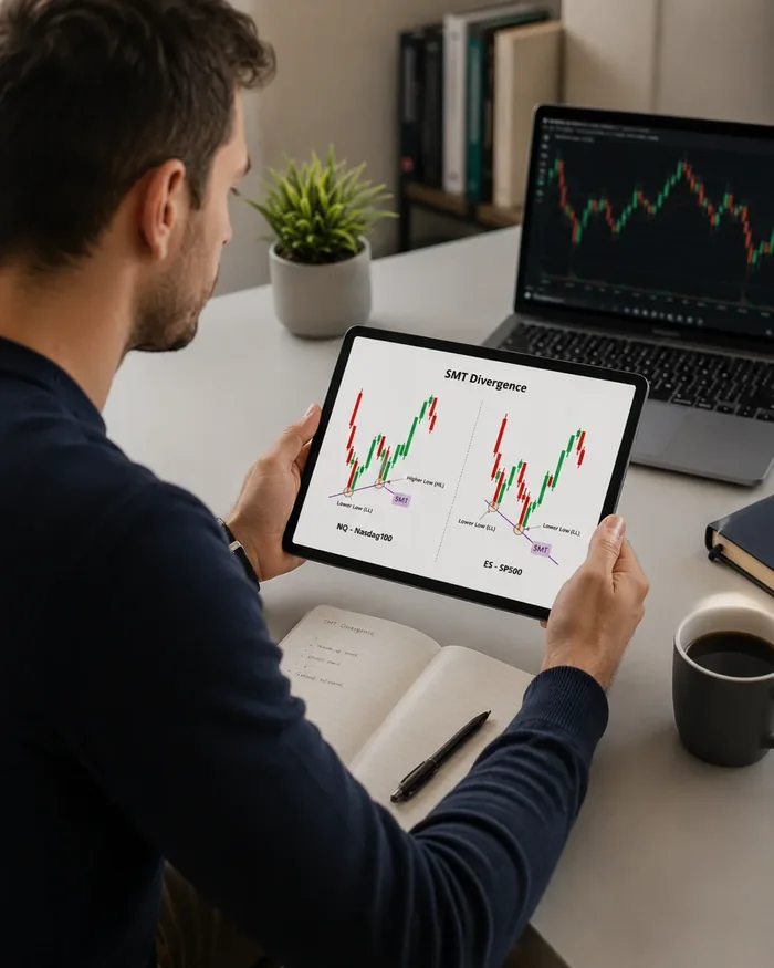 Persona estudiando el material en el tablet, con la figura de la divergencia SMT en pantalla, el cuaderno de apuntes abierto y el gráfico al lado