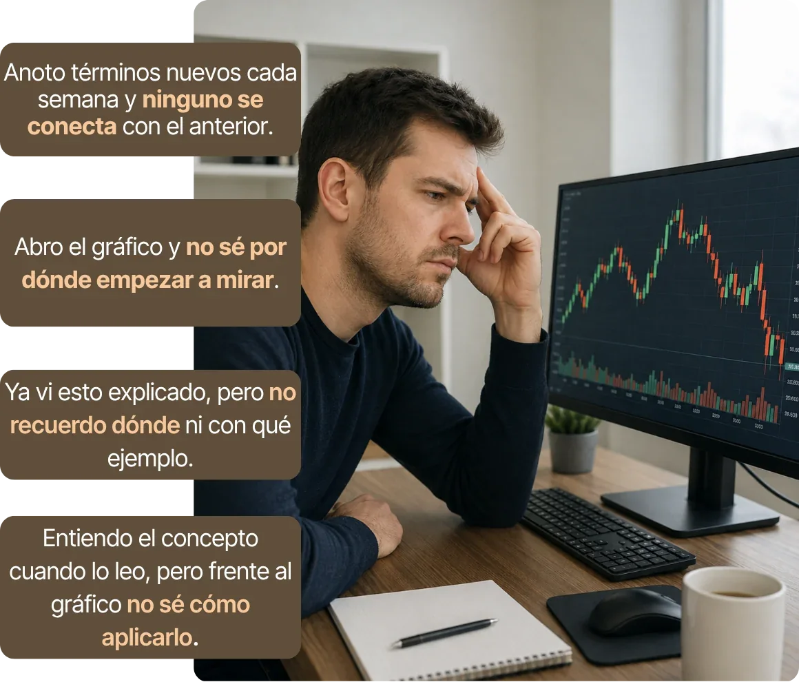 Persona frente al gráfico, con la mano en la frente, y sus pensamientos: anoto términos nuevos cada semana y ninguno se conecta con el anterior; abro el gráfico y no sé por dónde empezar a mirar; ya vi esto explicado, pero no recuerdo dónde ni con qué ejemplo; entiendo el concepto cuando lo leo, pero frente al gráfico no sé cómo aplicarlo