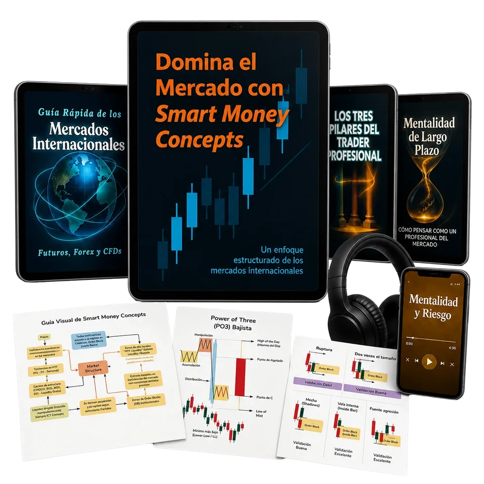 El paquete completo: la guía principal en tablet, las seis guías complementarias y el audio de mentalidad y riesgo