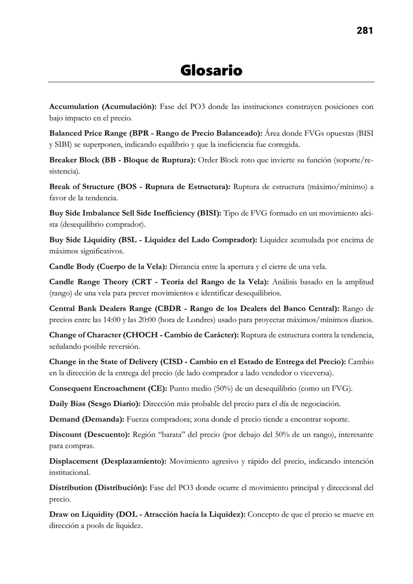 Página 281: glosario con los términos del método en orden alfabético