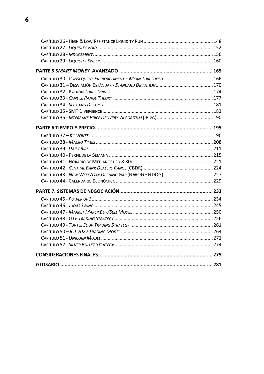Página 6 del libro con el índice: partes 5 a 7, consideraciones finales y glosario